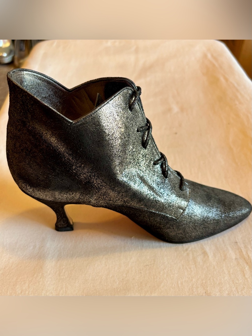 Timothy Hitsman Pewter Stardust Metallic Lace-Up Kitten Heel Ankle Boots